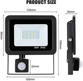 LED flood light with dimensions and sensor details on a white background